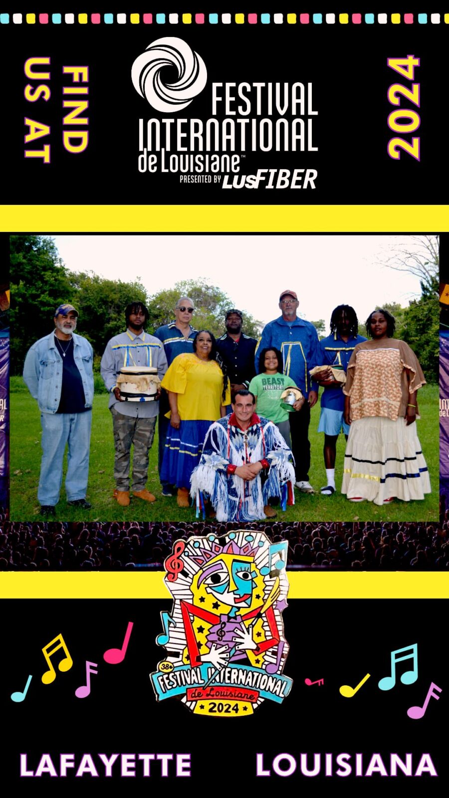 Poster for Festival International de Louisiane, showing Tribal Citizens of Canneci Tinné.